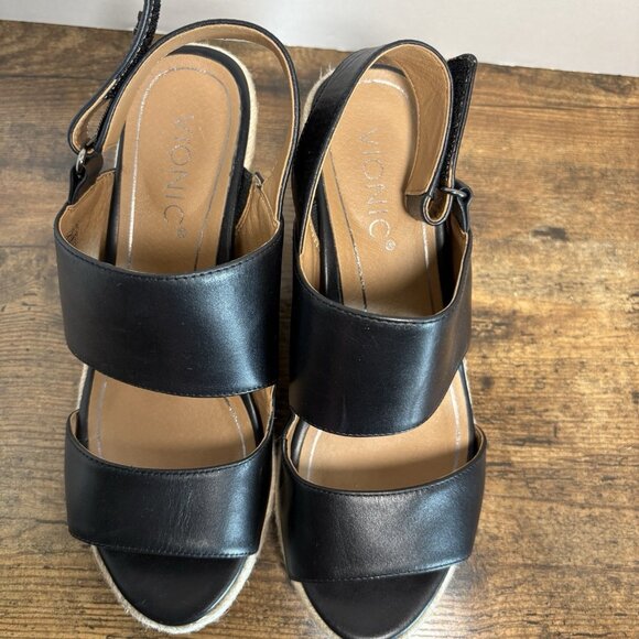 Vionic Brooke Leather Black Espadrille Wedge Sandals Slingback Women Size 7.5 - Picture 3 of 8
